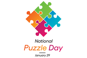  Image of puzzle pieces; National Puzzle Day is Jan. 29; Shutterstock; links to information.